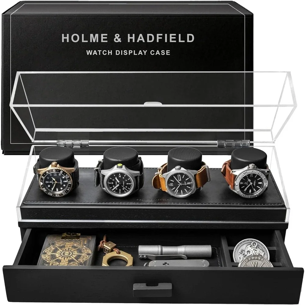 Holme & Hadfield 4 Slot Watch‎ Box Wooden Display Case Drawer Organizer Black